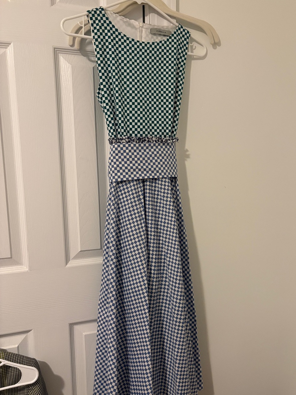MARELLA Green and Blue Checkerboard Sleeveless Maxi Dress